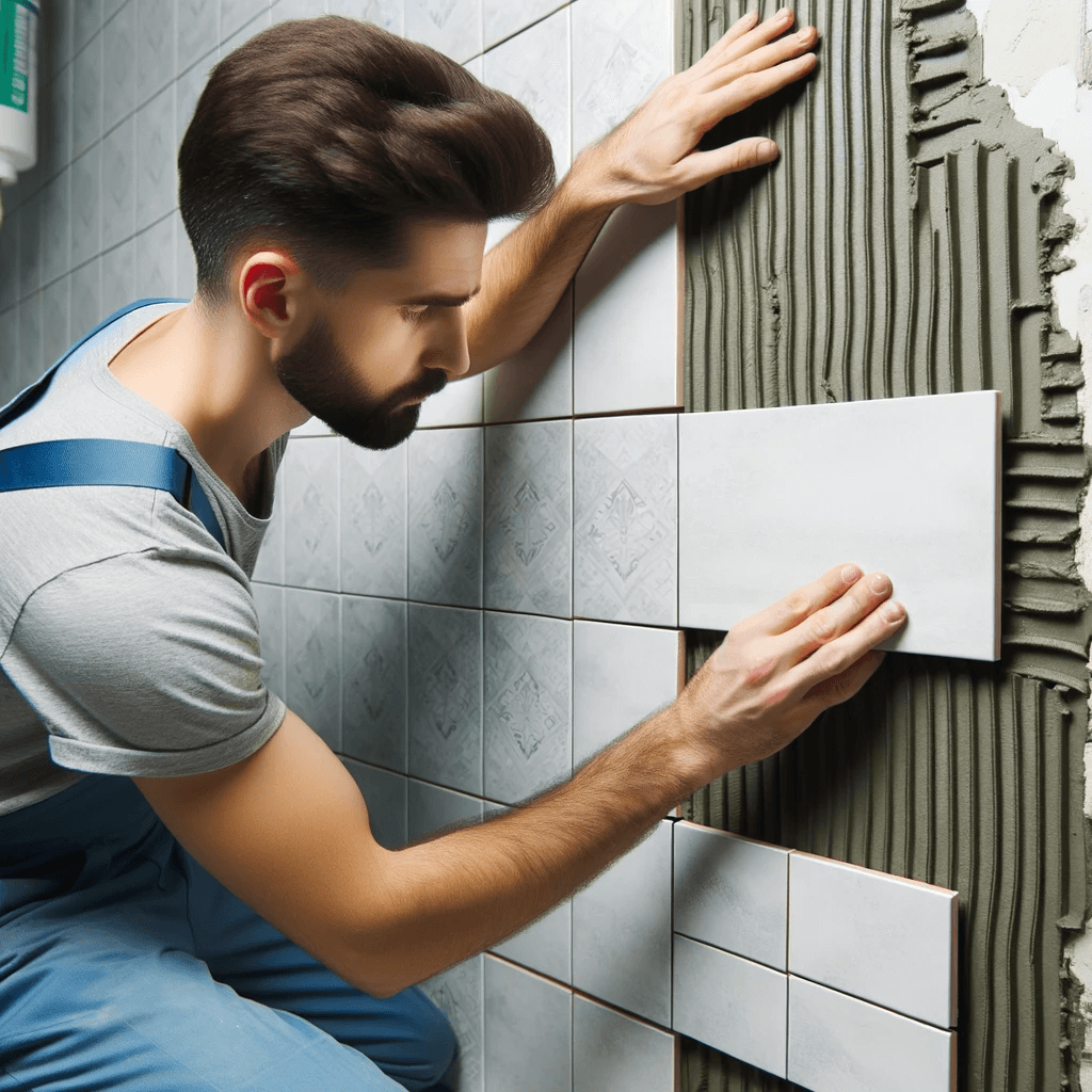 Skilled workers installing elegant tiles in a modern bathroom setting.